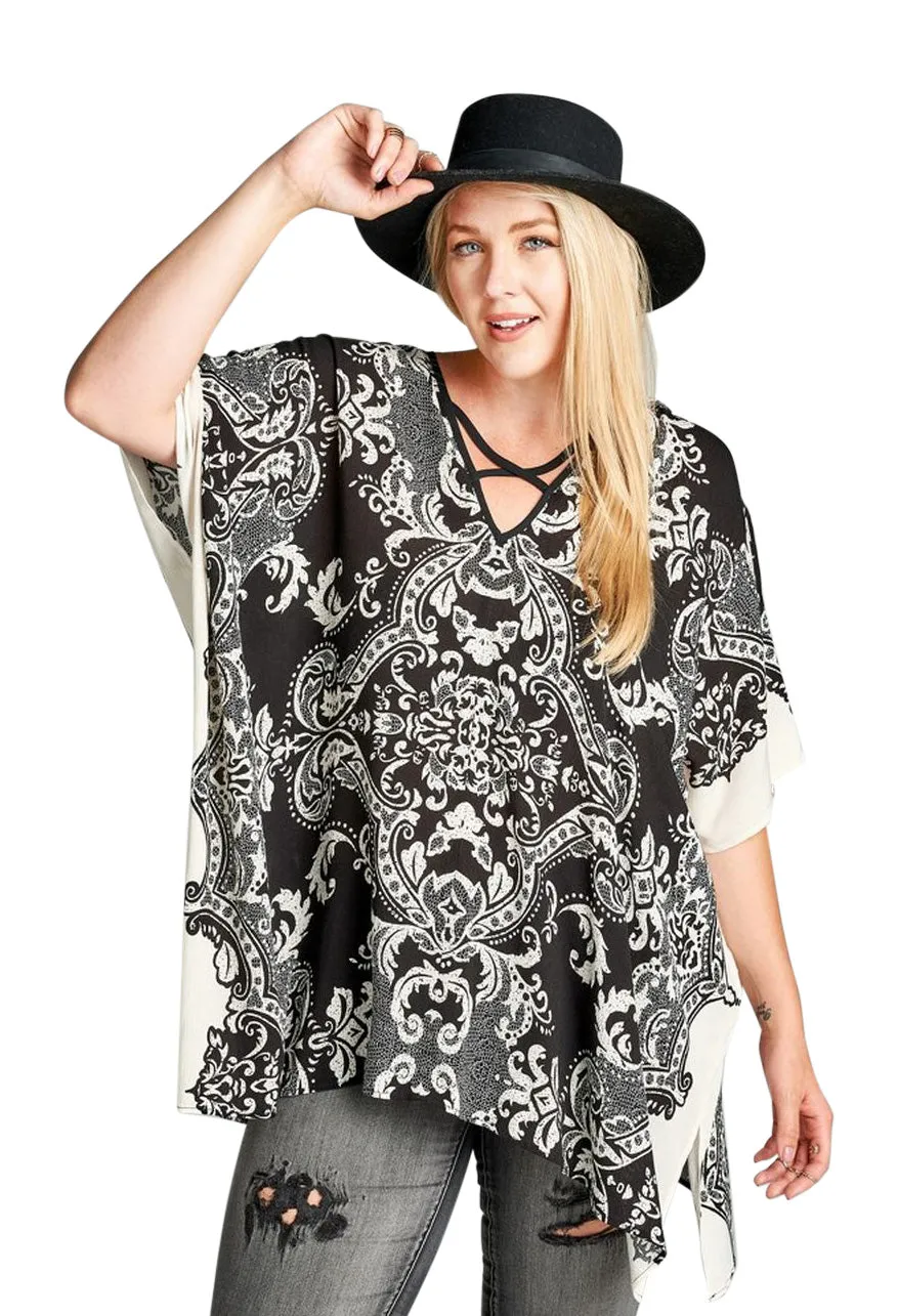 Damask Bohemian Tunic, Taupe & Black