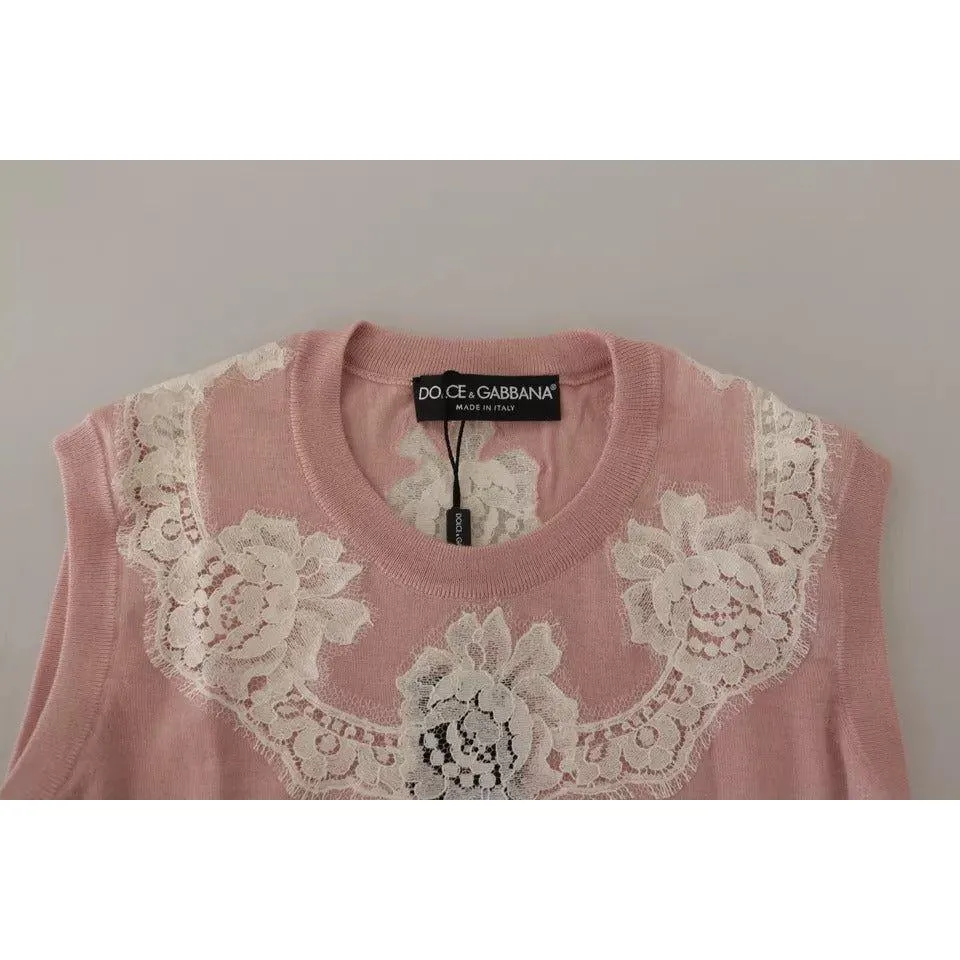 Dolce & Gabbana Pink Cashmere Lace Trim Sleeveless Tank Top