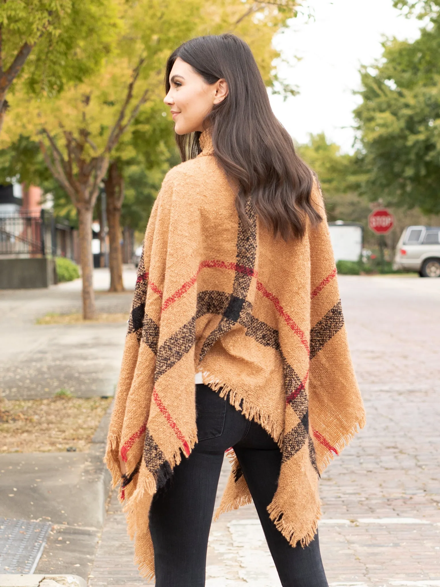 Easy On Me Plaid Turtle Neck Poncho - Camel