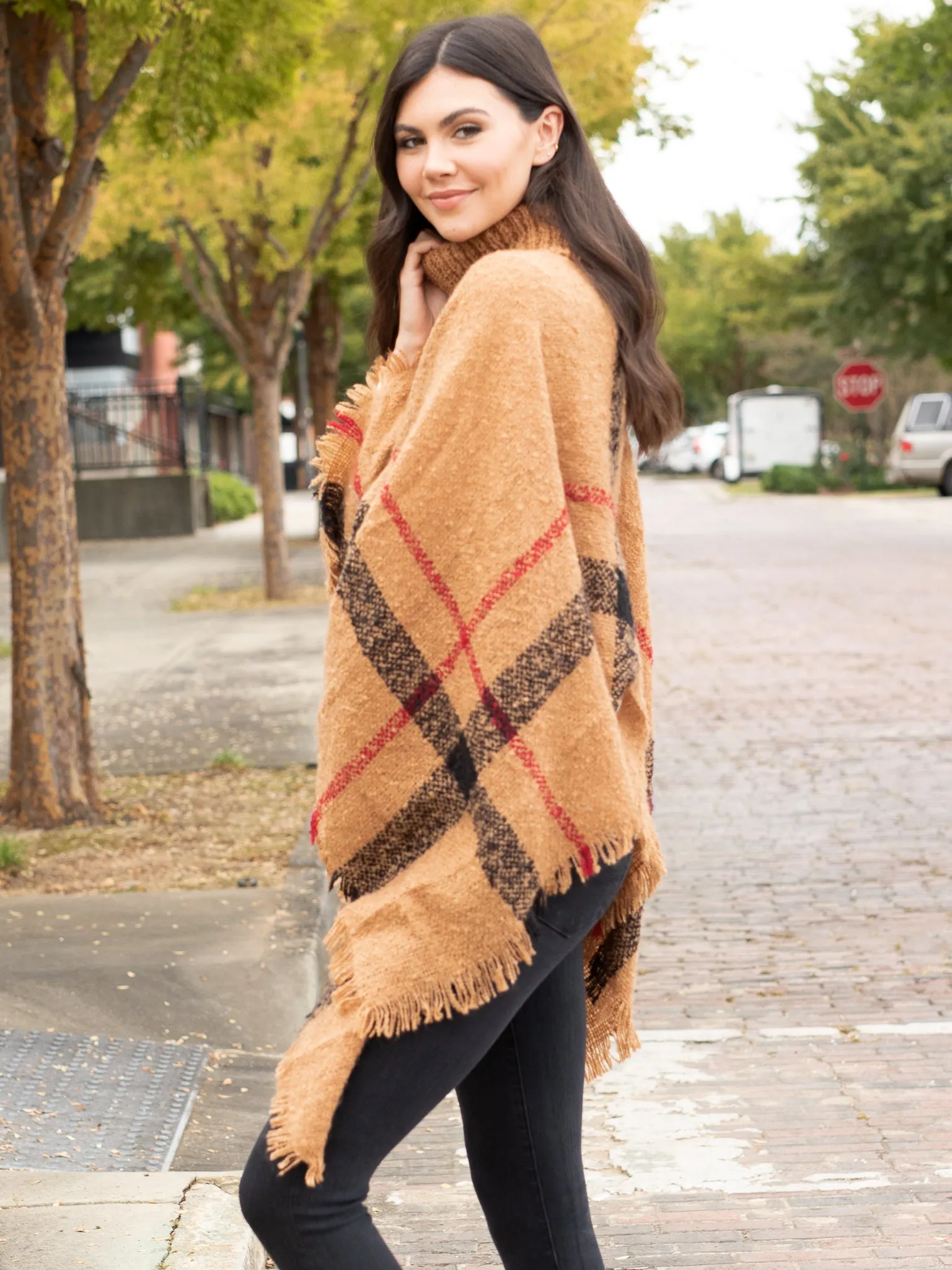 Easy On Me Plaid Turtle Neck Poncho - Camel