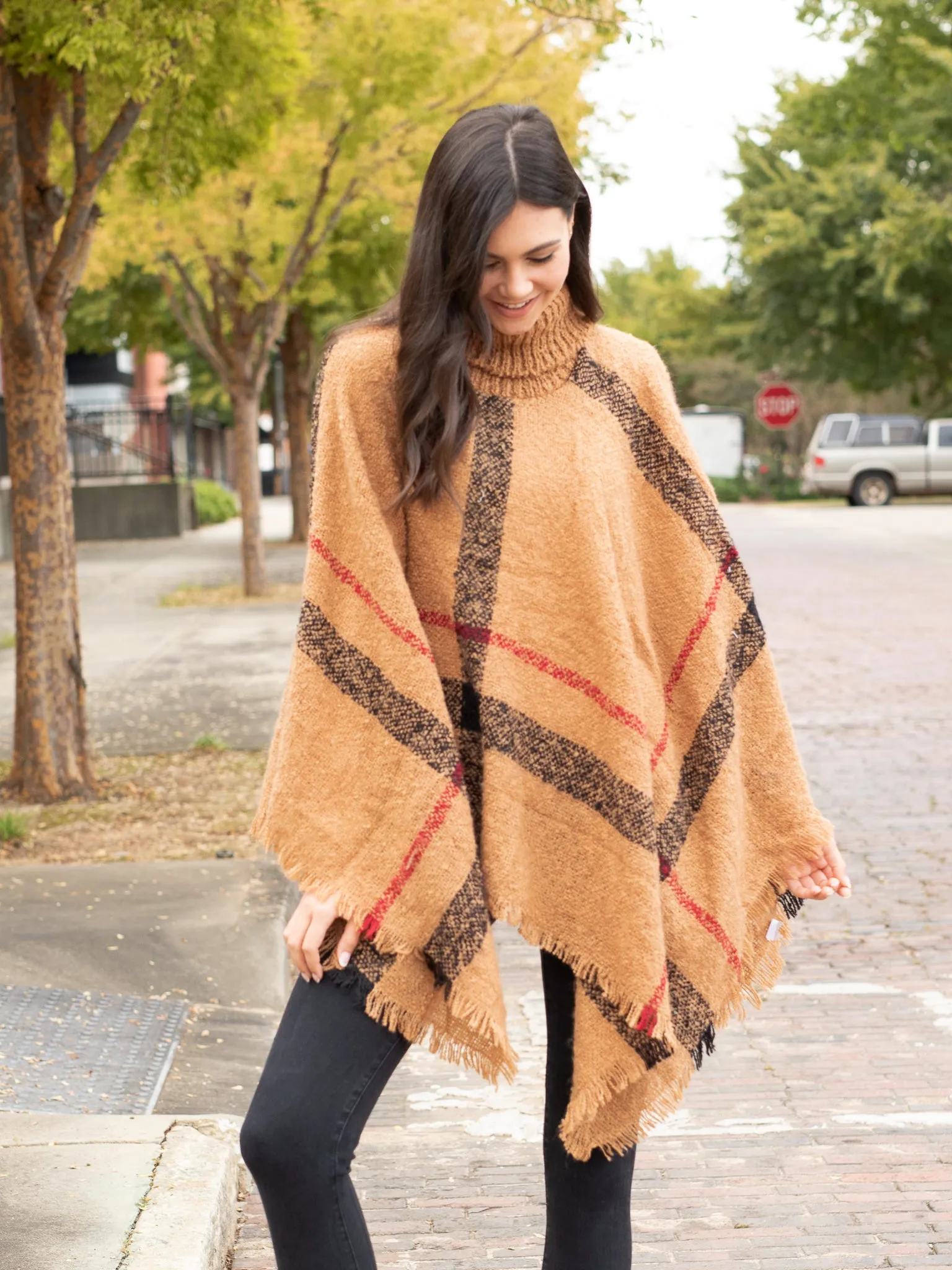 Easy On Me Plaid Turtle Neck Poncho - Camel