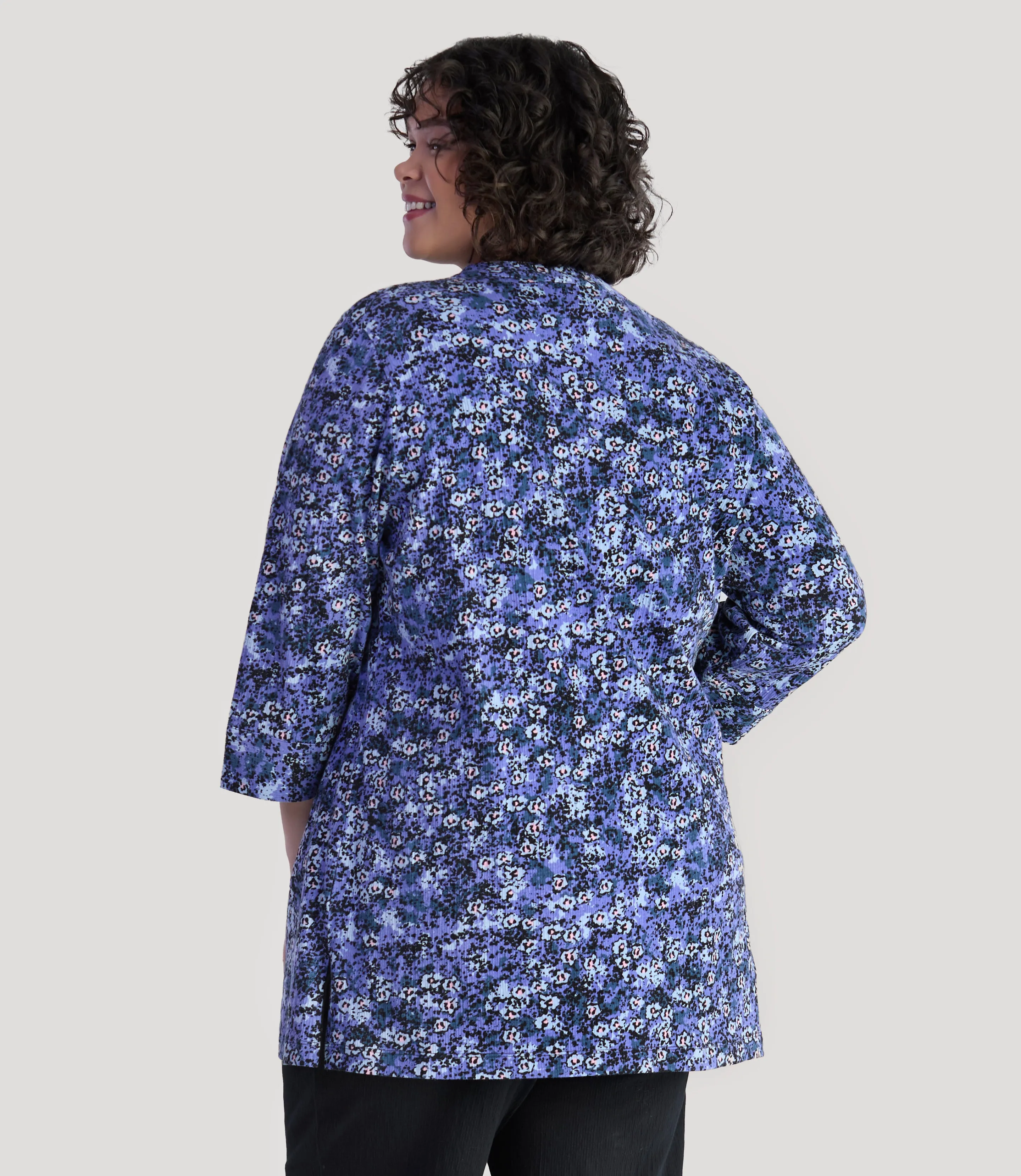 EZ Style Cottons 3/4 Sleeve Split Neck Tunic with Pockets Blue Meadow Print