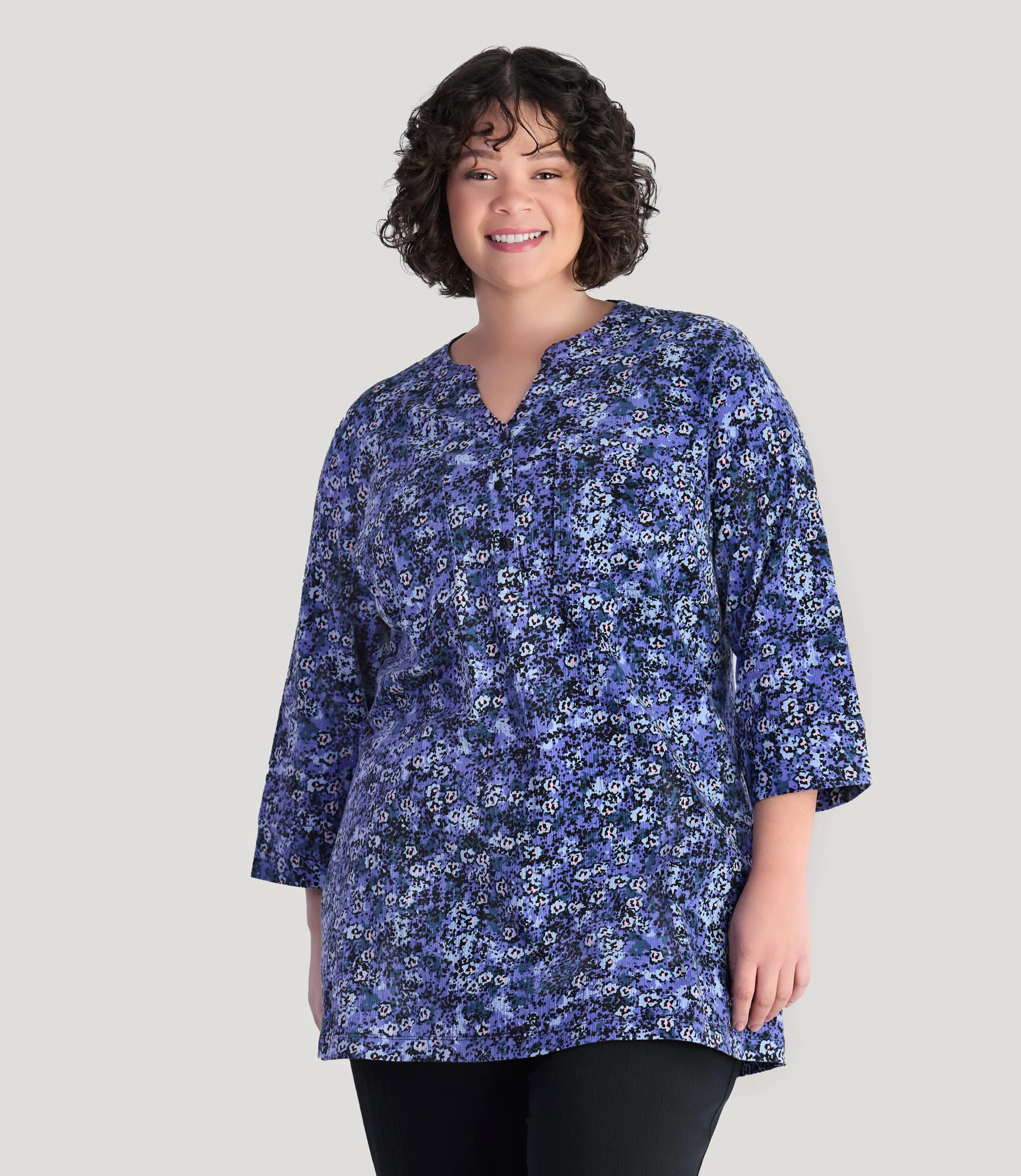 EZ Style Cottons 3/4 Sleeve Split Neck Tunic with Pockets Blue Meadow Print