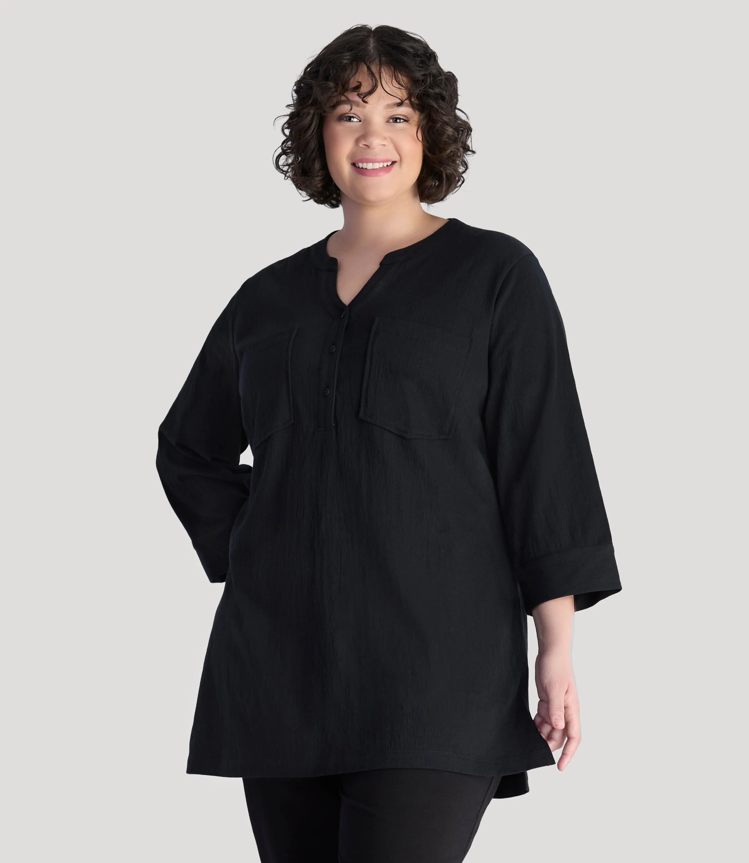 EZ Style Cottons 3/4 Sleeve Split Neck Tunic with Pockets