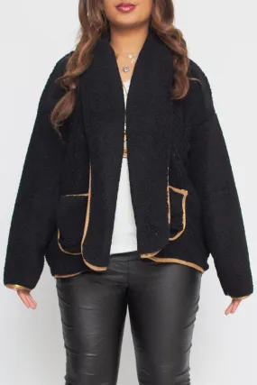 Faux Fleece Fur Metallic Shine Trim Pockets Jacket