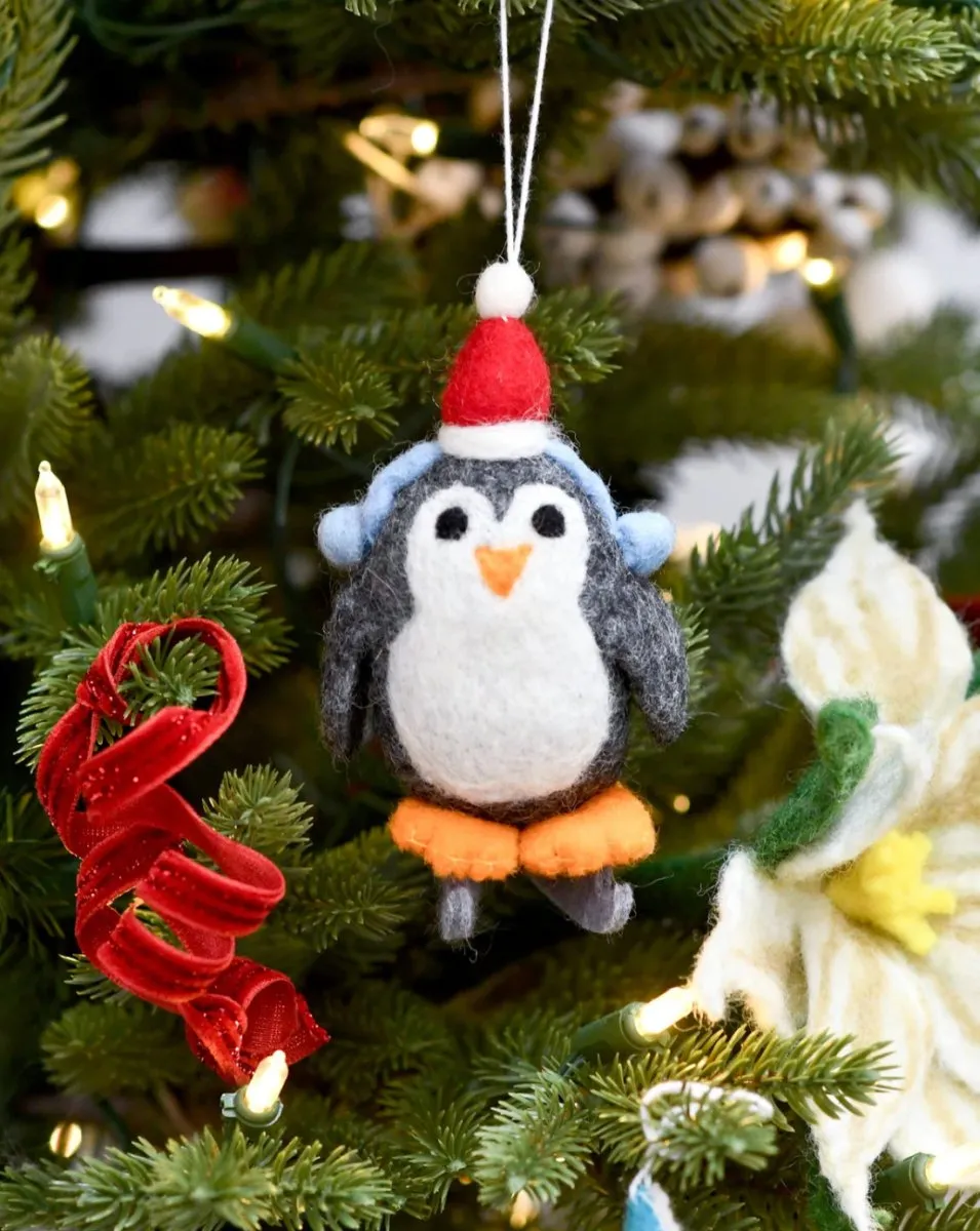 Felt Penguin with skates ornament - Tara Treasures