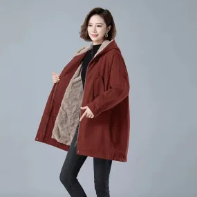 Fleece-lined Thick Hooded Parka Mid-length Long Sleeve Zipper