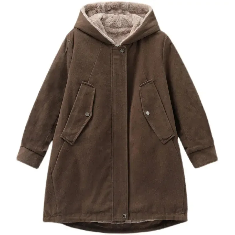 Fleece-lined Thick Hooded Parka Mid-length Long Sleeve Zipper