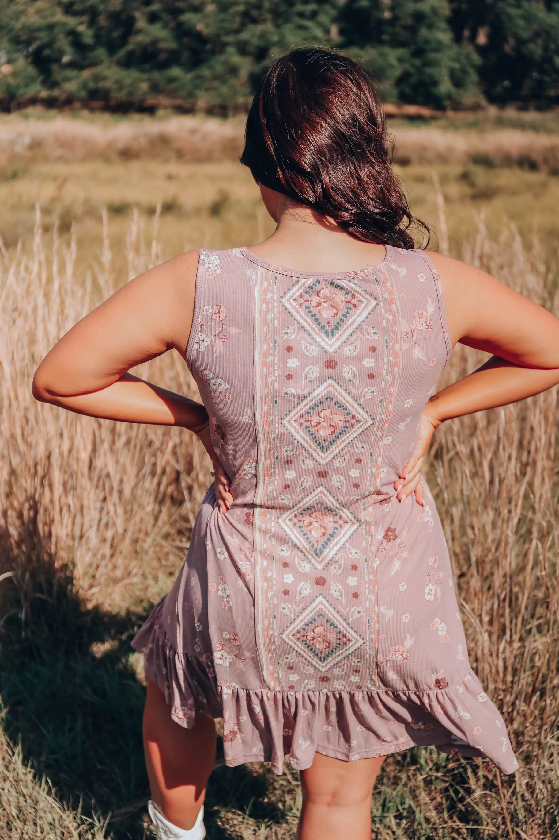 Floral Boho Sleeveless Dress - Mauve