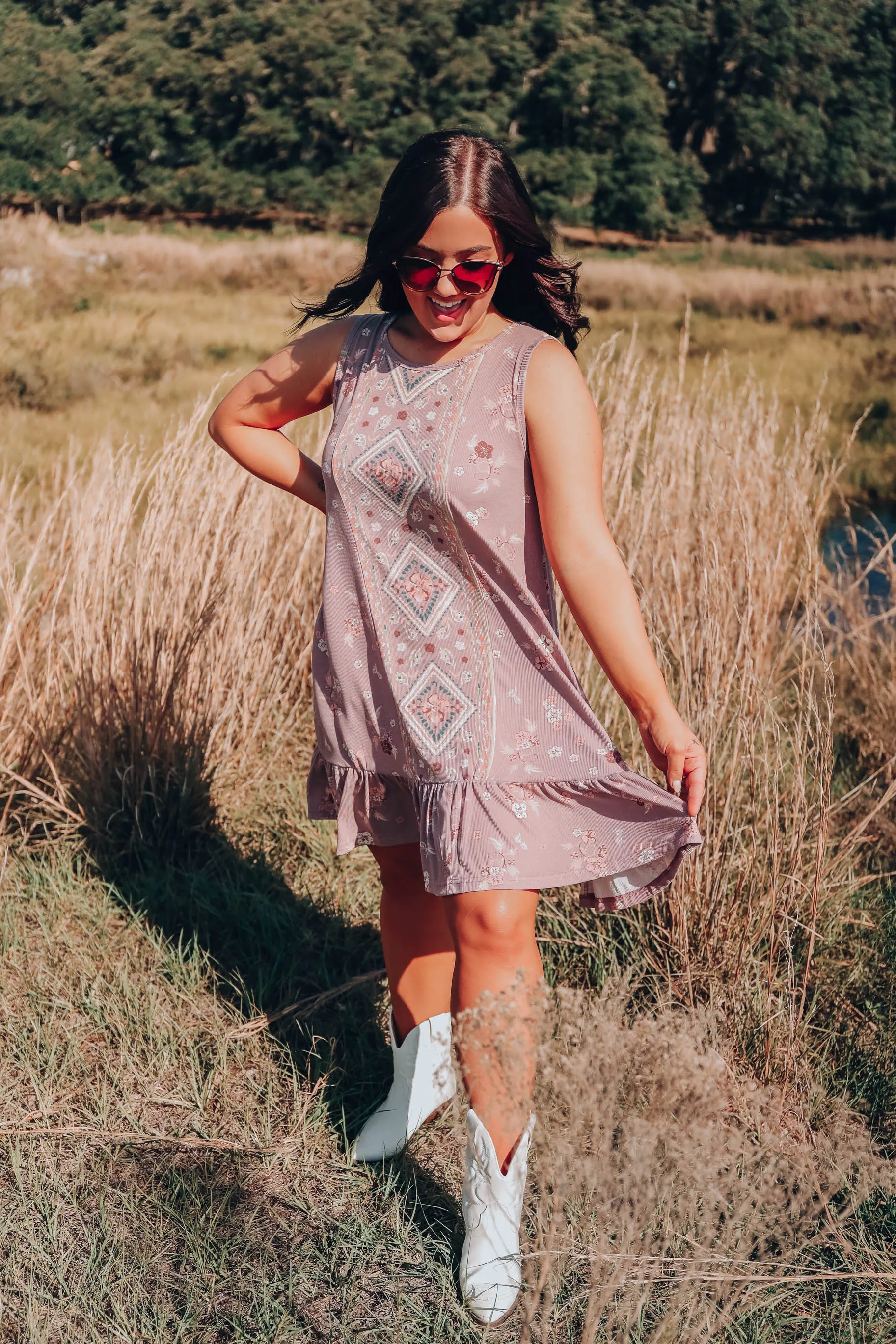 Floral Boho Sleeveless Dress - Mauve