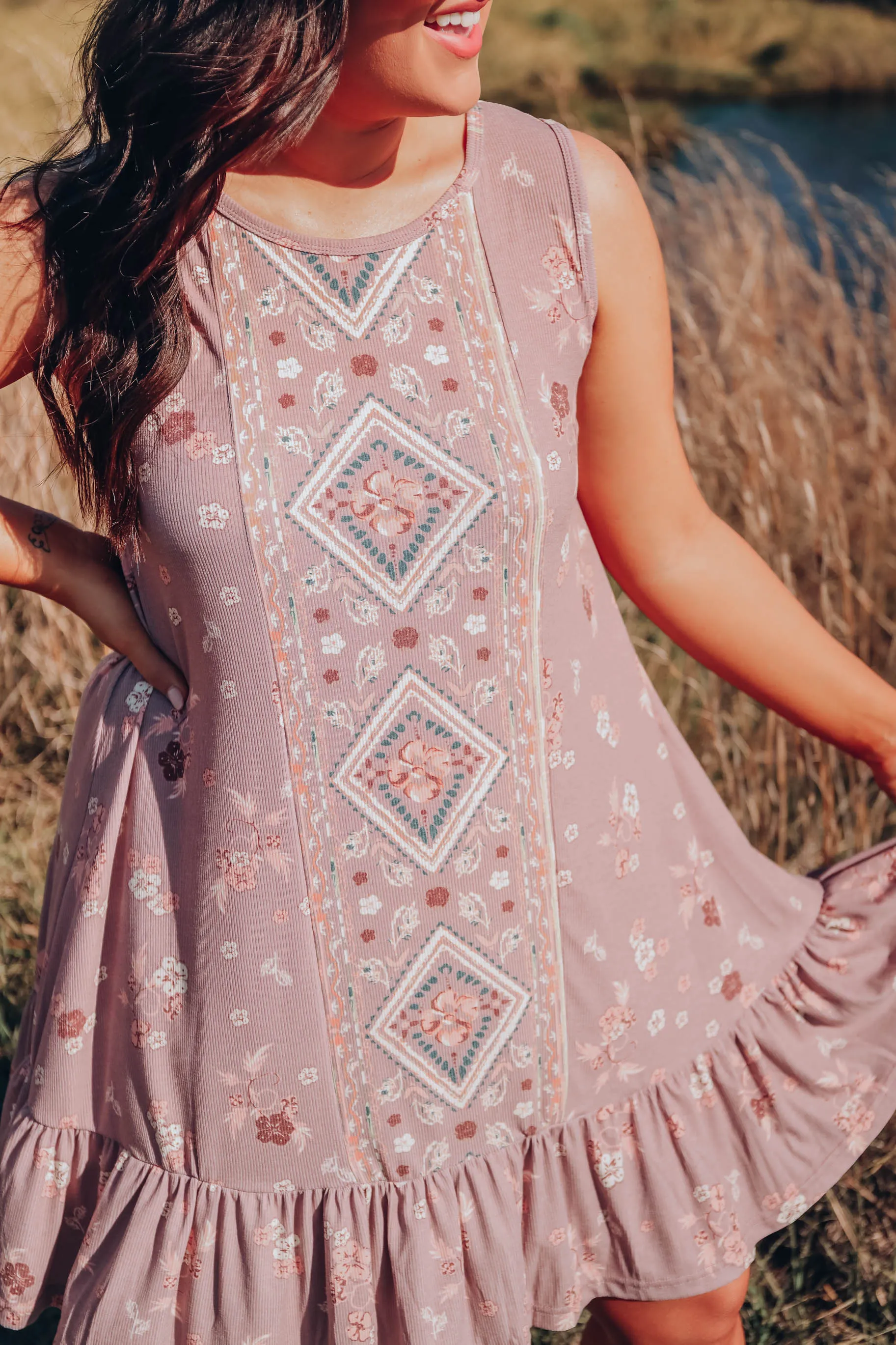 Floral Boho Sleeveless Dress - Mauve