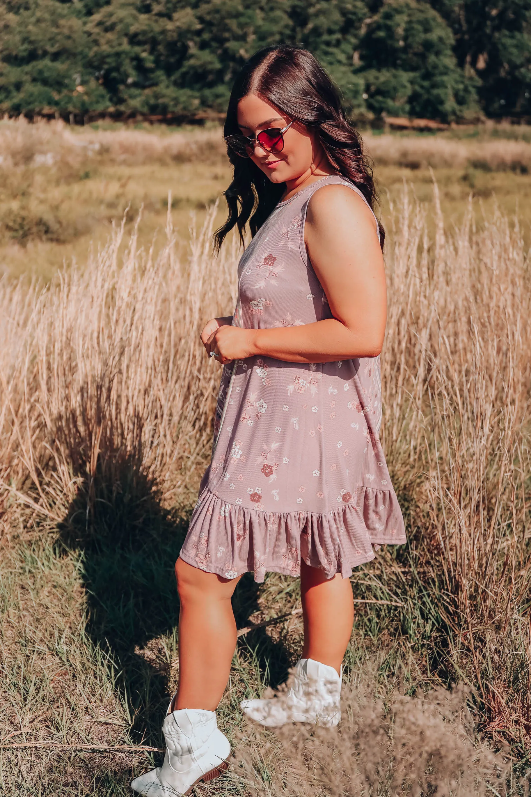 Floral Boho Sleeveless Dress - Mauve