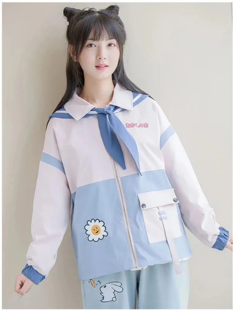 Floral Embroidery Pockets Women Jackets Autumn Loose Sailor Collar Zippers Long Sleeves Cotton Casual Kawaii Coats Outwears