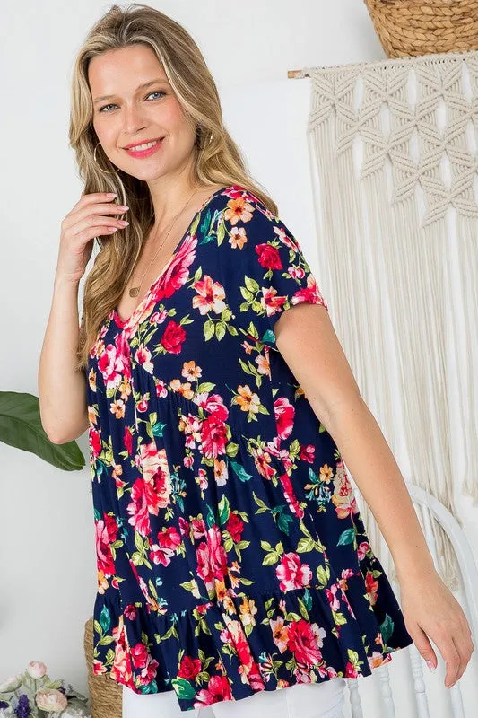 Floral V-Neck Ruffle Hem Babydoll Tunic