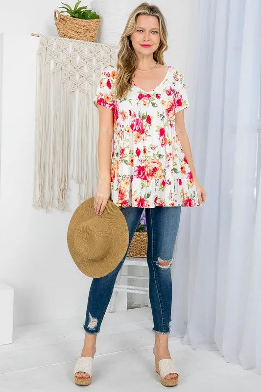 Floral V-Neck Ruffle Hem Babydoll Tunic