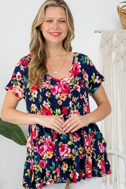 Floral V-Neck Ruffle Hem Babydoll Tunic