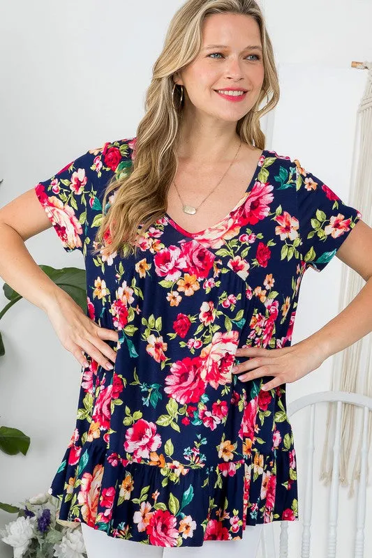 Floral V-Neck Ruffle Hem Babydoll Tunic