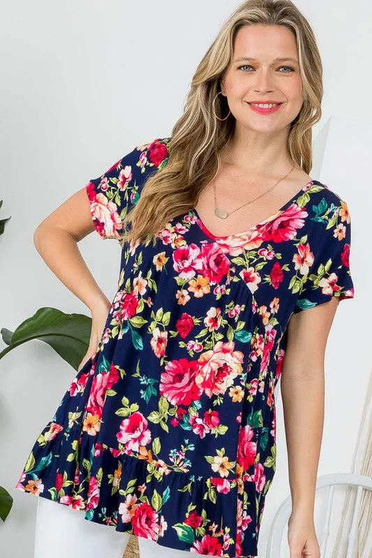 Floral V-Neck Ruffle Hem Babydoll Tunic