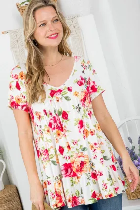 Floral V-Neck Ruffle Hem Babydoll Tunic