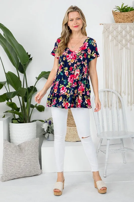 Floral V-Neck Ruffle Hem Babydoll Tunic