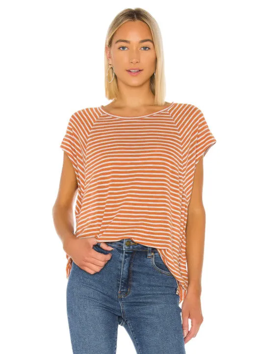 Free People Women's Striped Halo Tee Polyester Cotton Shirt Brown Size Medium