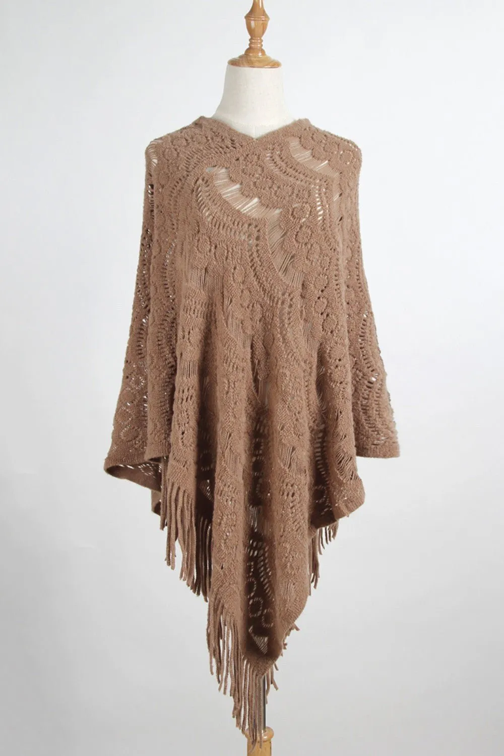 Fringe Openwork Surplice Cape Sleeve Poncho