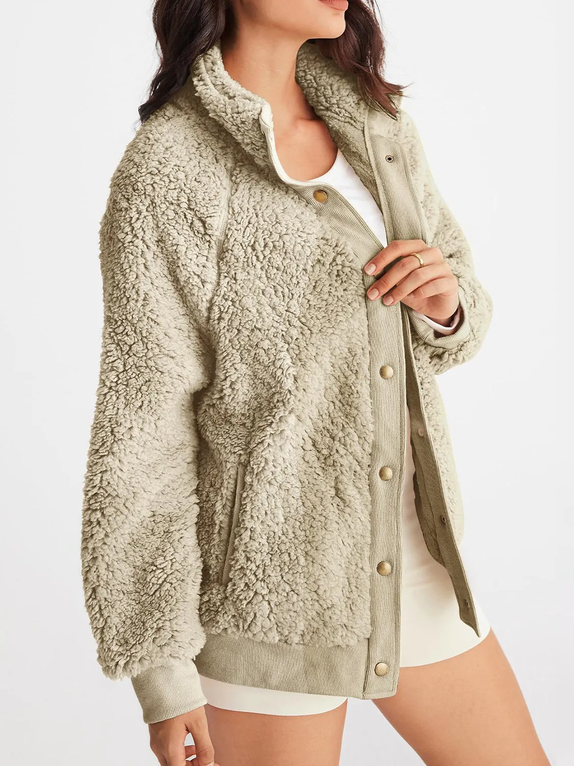 Full Size Teddy Snap Down Long Sleeve Jacket