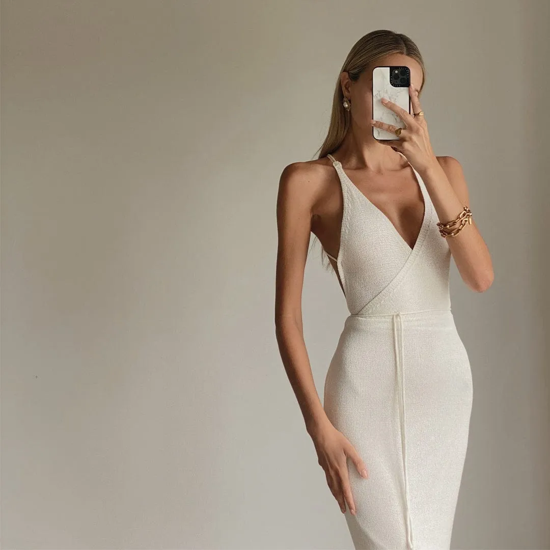 GALINA Ivory Knit Bodycon Backless Maxi Dress