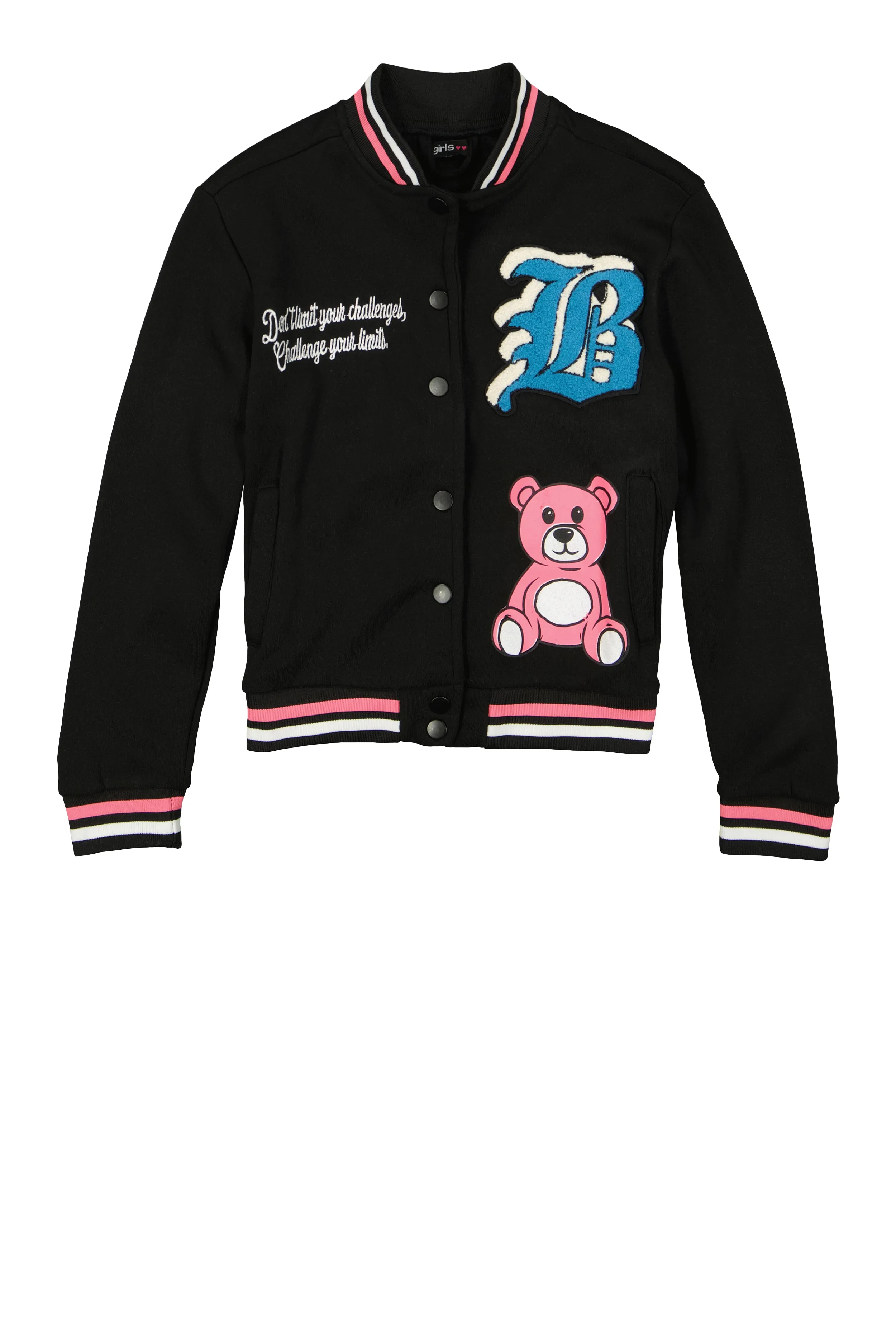 Girls B Initial Chenille Patch Graphic Varsity Jacket