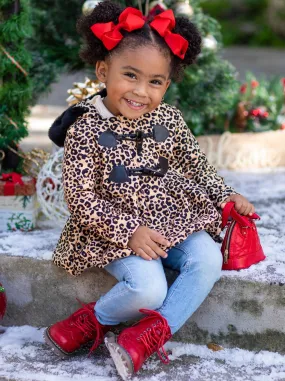 Girls Bundled Up Leopard Coat with Faux Fur Lined Hood