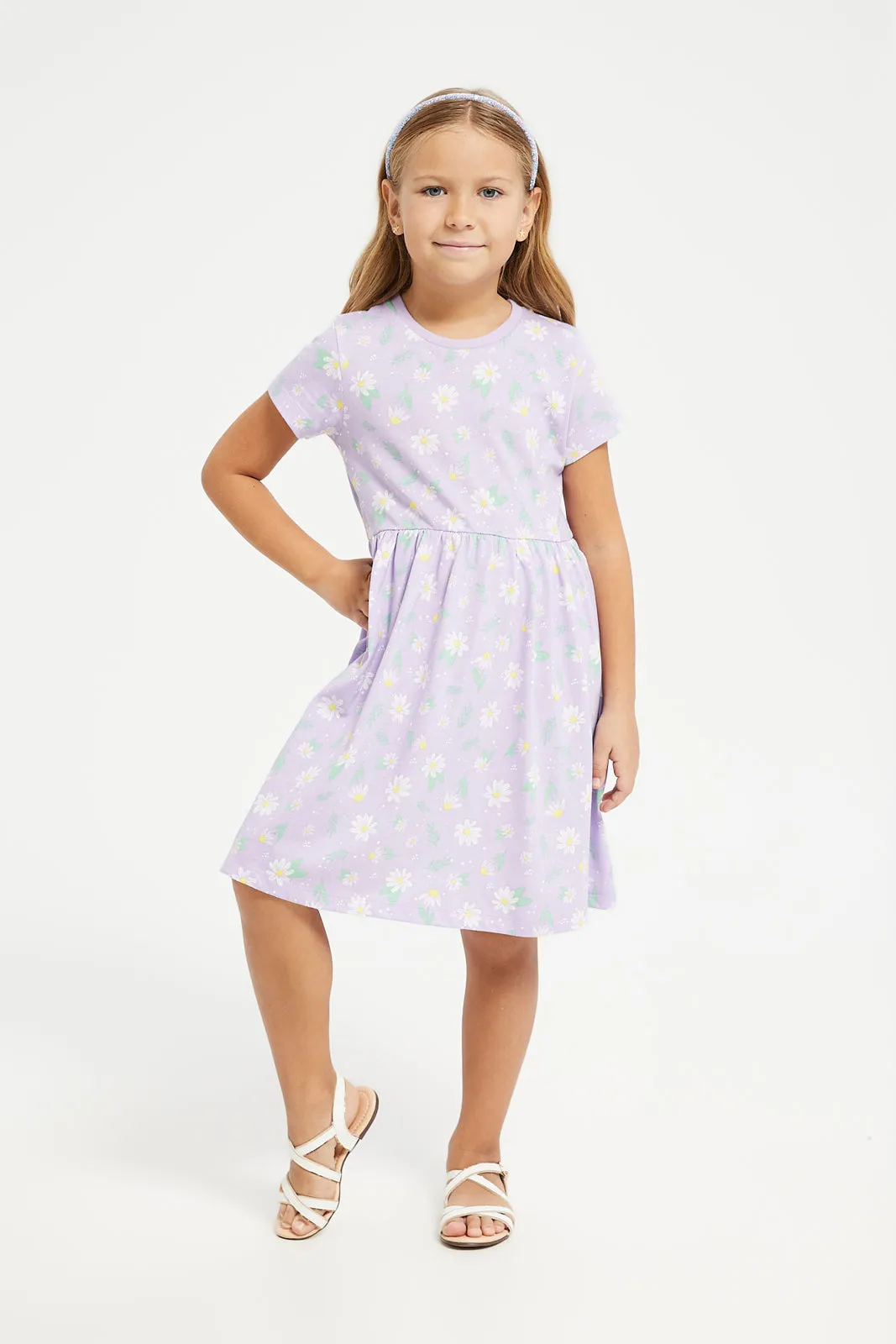 Girls Lilac Floral Print Knit Dress