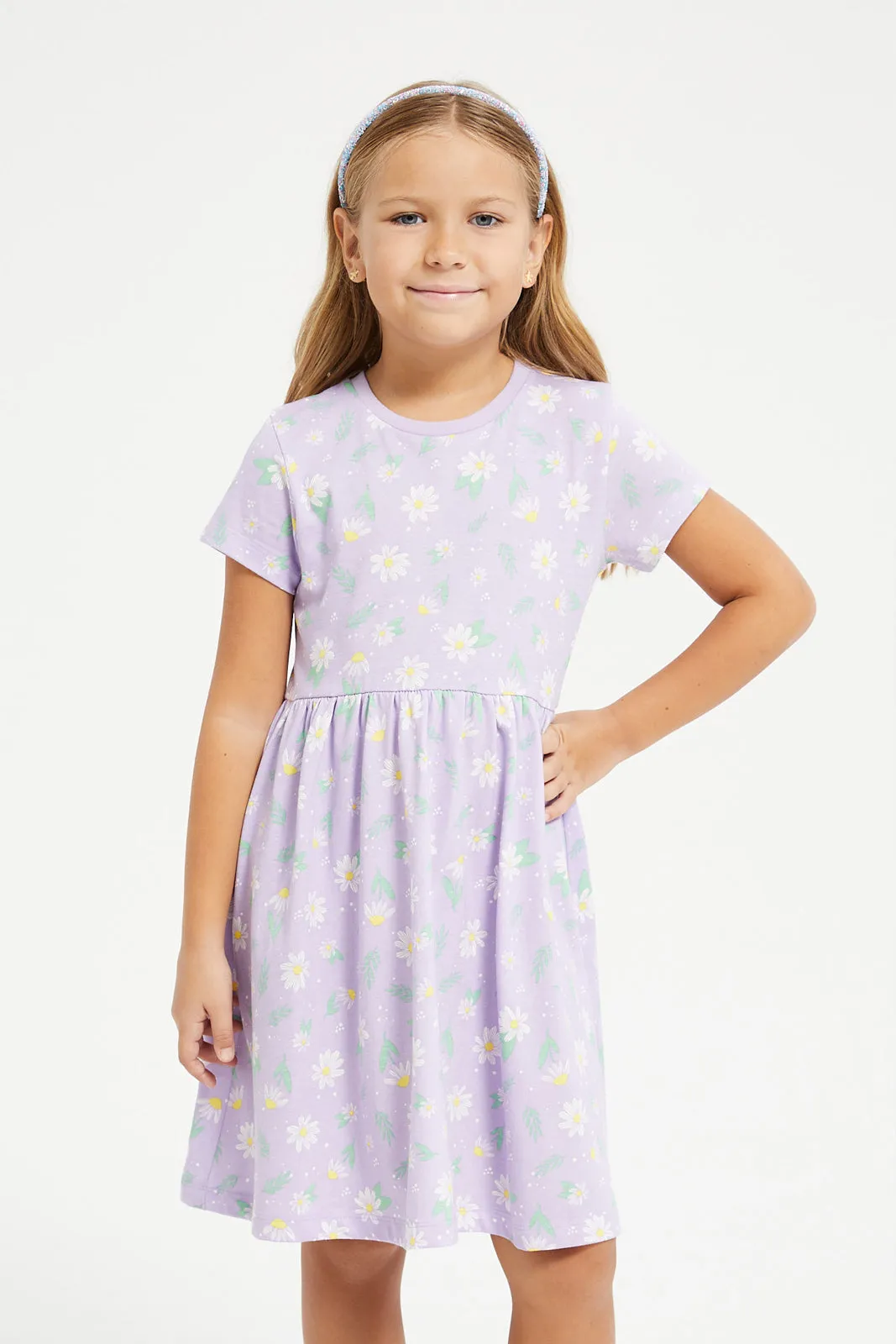 Girls Lilac Floral Print Knit Dress