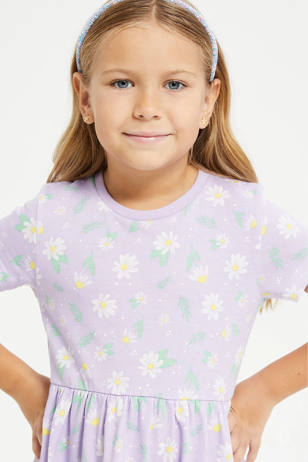 Girls Lilac Floral Print Knit Dress