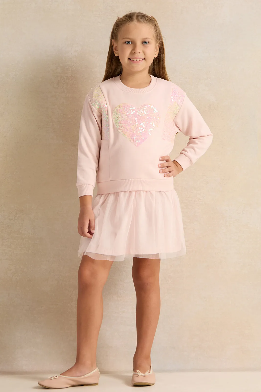 Girls Pink Heart Sequins Knit Dress With