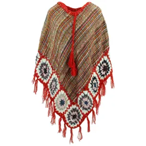 Granny Squares Crochet Poncho Long - Rainbow/Red