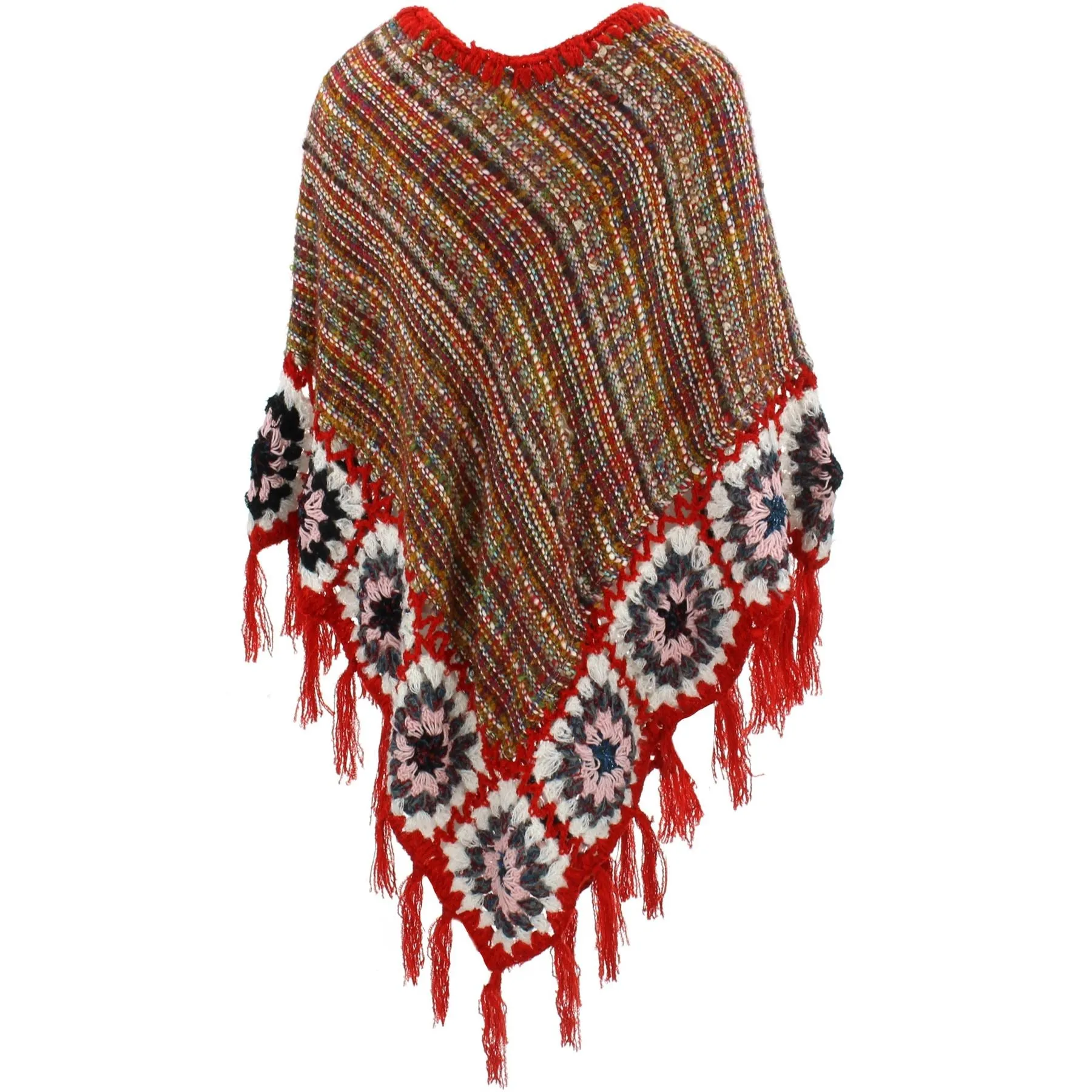 Granny Squares Crochet Poncho Long - Rainbow/Red