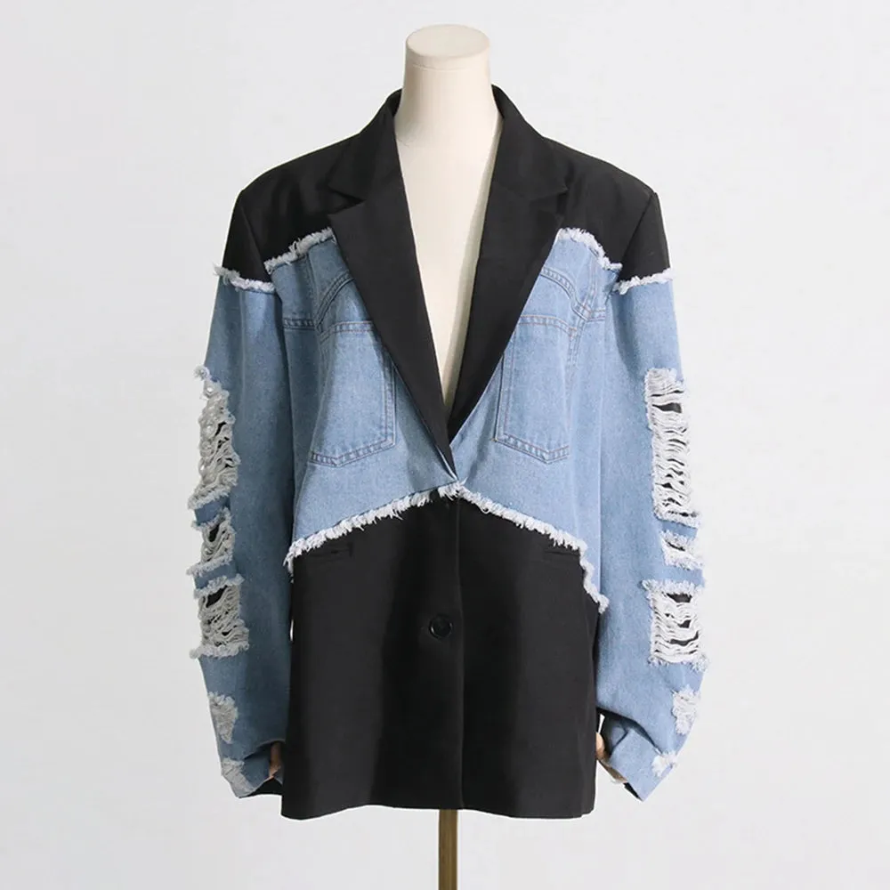 Hir Color Hollow Out Patchwork Single Breasted Blazer For Women Notched Coller Long Sleeve Spliced Denim Blazers Female