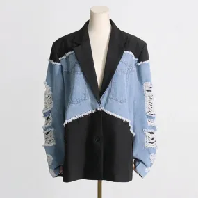 Hir Color Hollow Out Patchwork Single Breasted Blazer For Women Notched Coller Long Sleeve Spliced Denim Blazers Female