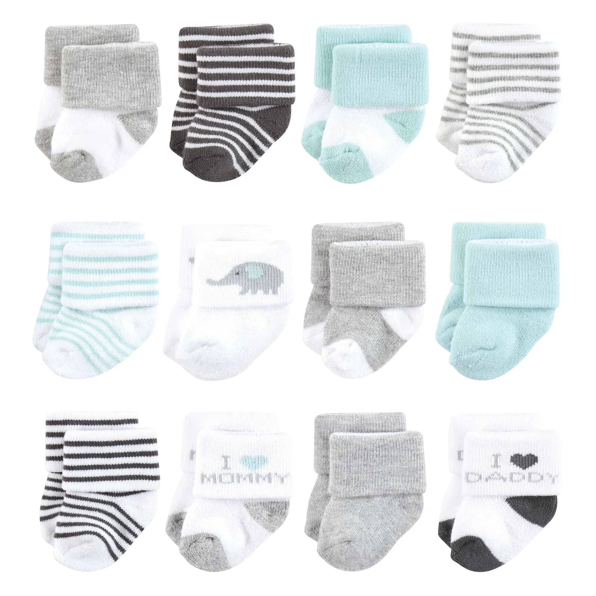 Hudson Baby Cotton Rich Newborn and Terry Socks, Mom and Dad Gray Mint 12-Pack