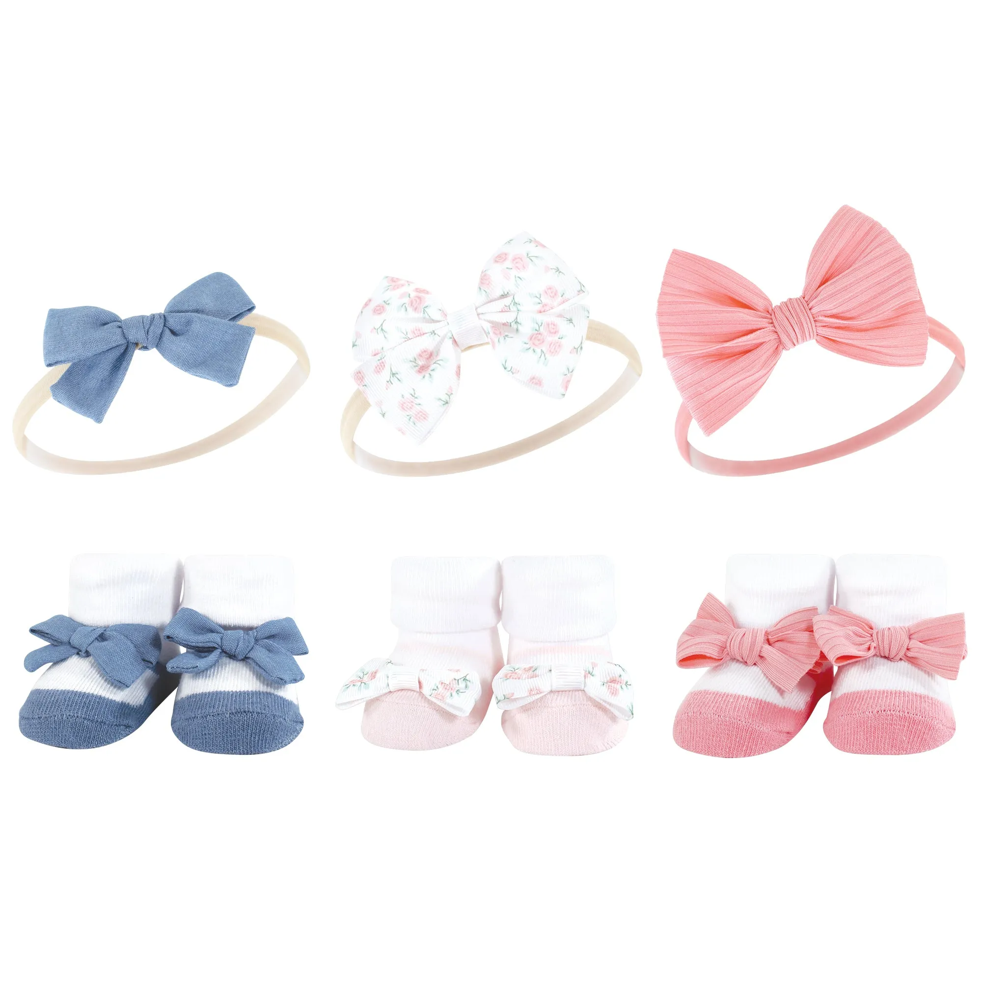 Hudson Baby Headband and Socks Giftset, Pink Floral Chambray