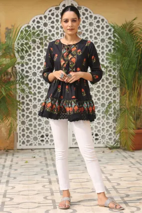 Jashvi Black Floral Printed Peplum Pure Cotton Tunic With Lace