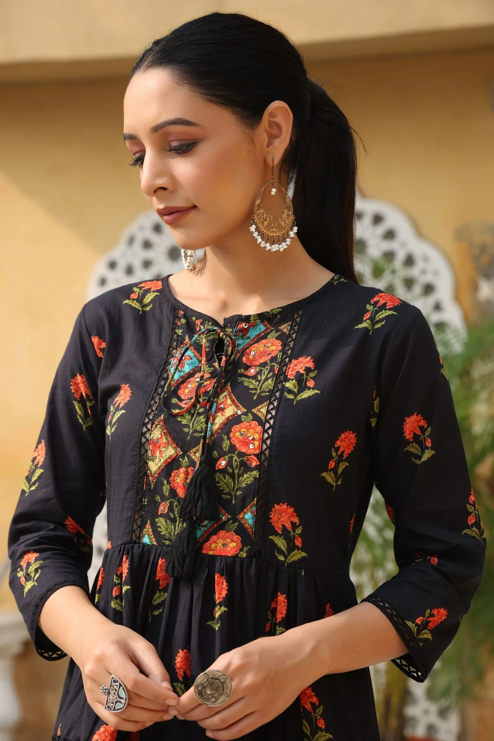 Jashvi Black Floral Printed Peplum Pure Cotton Tunic With Lace