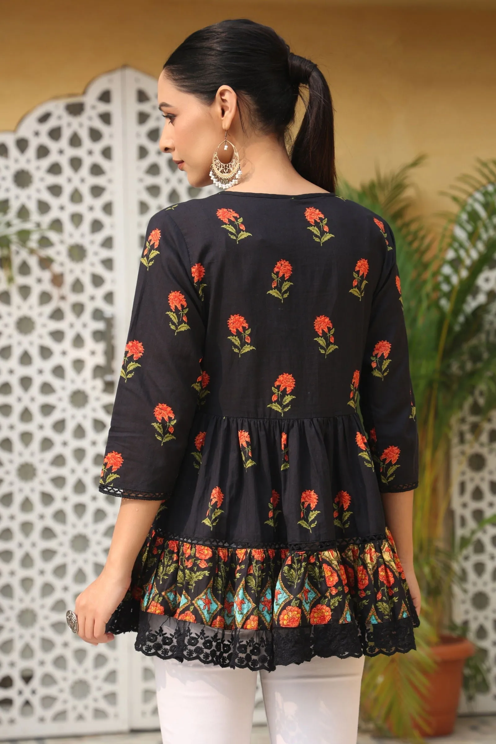 Jashvi Black Floral Printed Peplum Pure Cotton Tunic With Lace