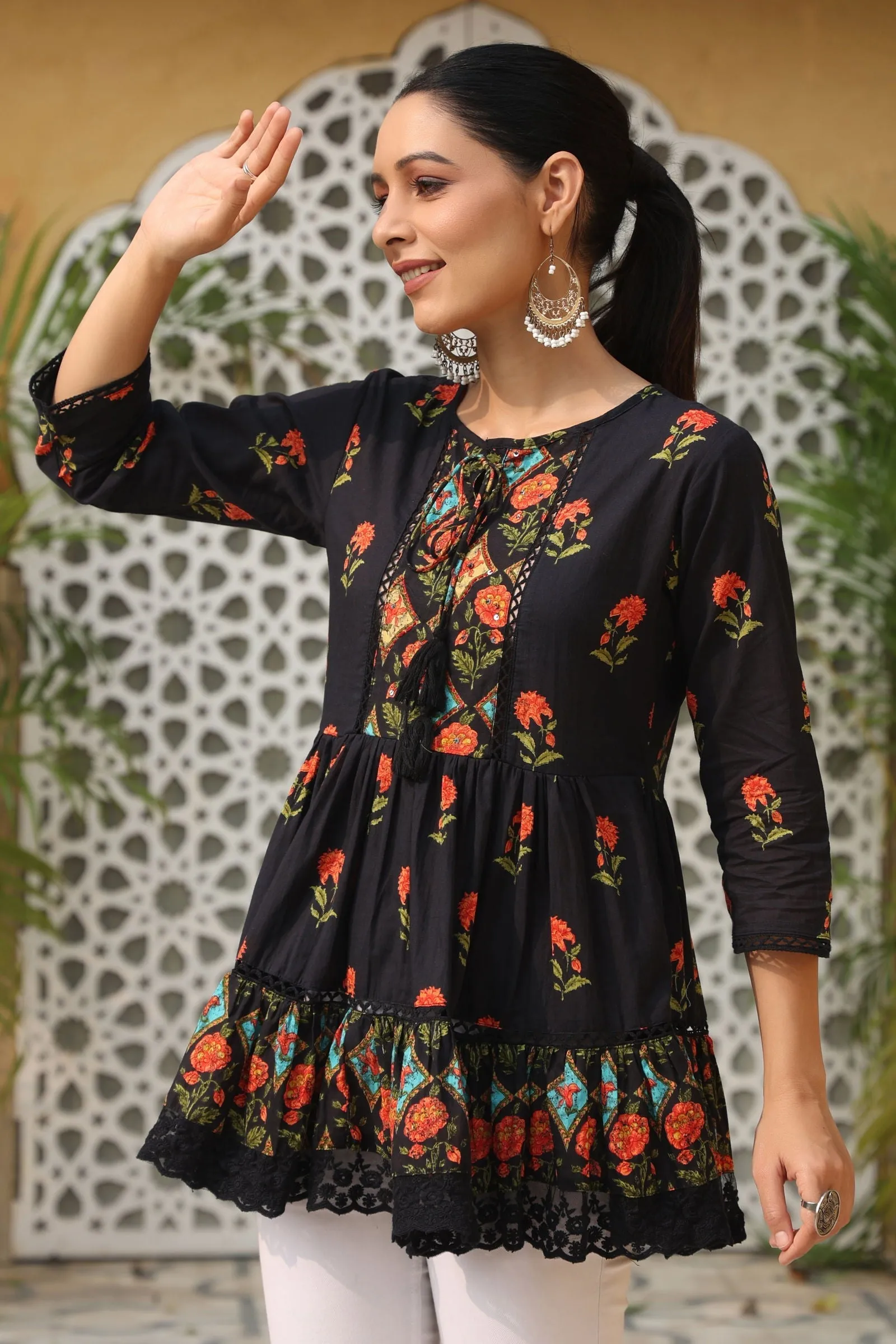 Jashvi Black Floral Printed Peplum Pure Cotton Tunic With Lace