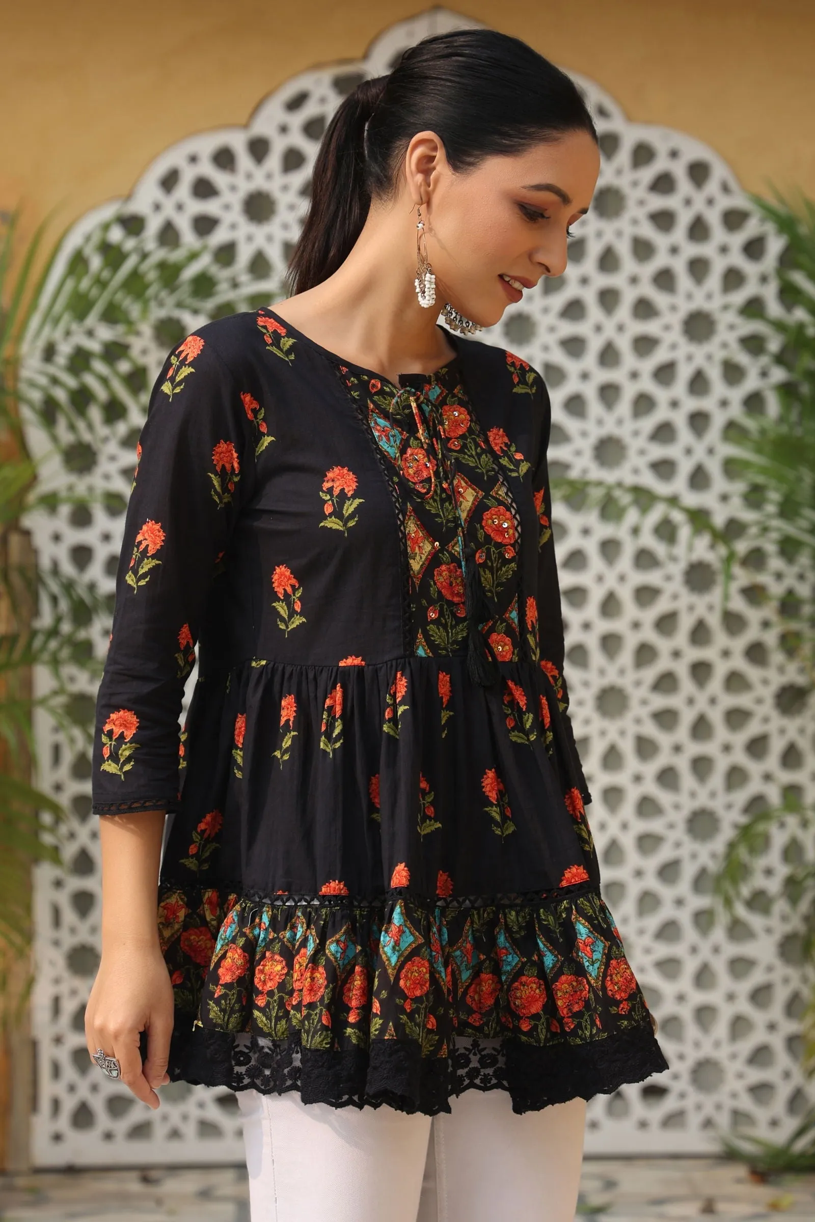 Jashvi Black Floral Printed Peplum Pure Cotton Tunic With Lace