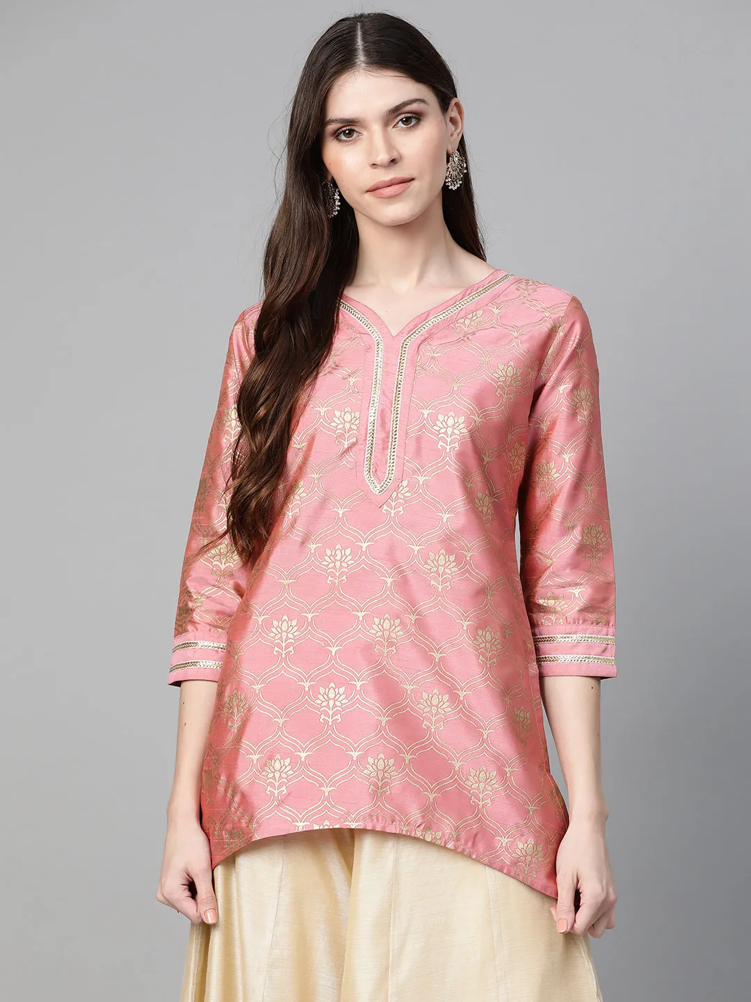 Jashvi Pink & Golden Printed Asymmetric Tunic