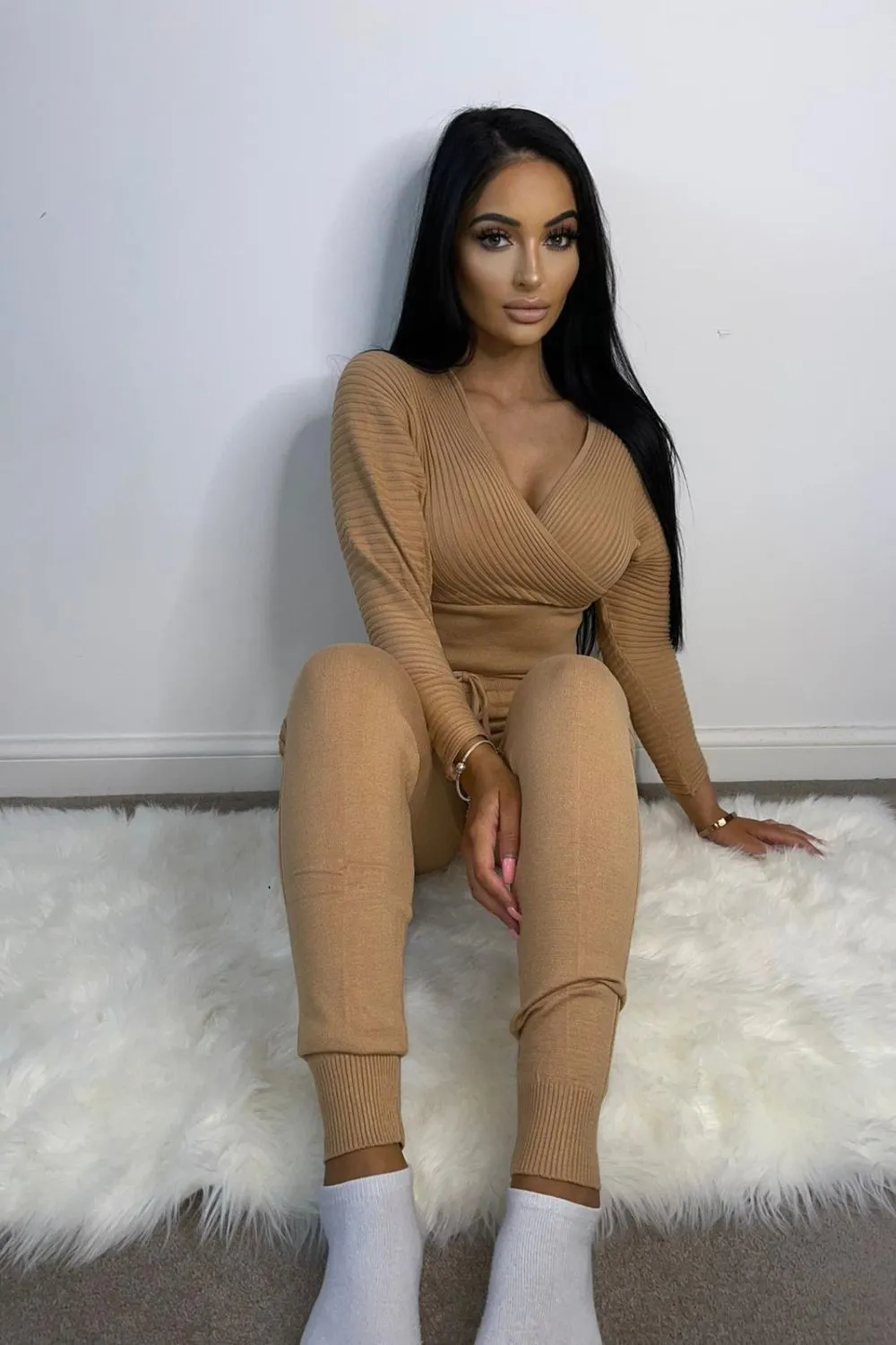 Jordyn Tan Plunge Ribbed Cropped Co-ord Lounge Set