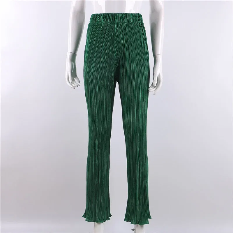 Joskaa Pleated Y2K High Waist Straight Pants Women Summer Long Trousers Wide Leg Capris Pant Bottom Green Plisse