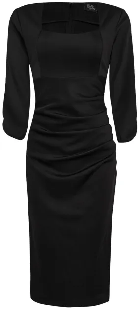 Judy Ruffled Waist, Squared Neckline Tight Wiggle Dress-Black