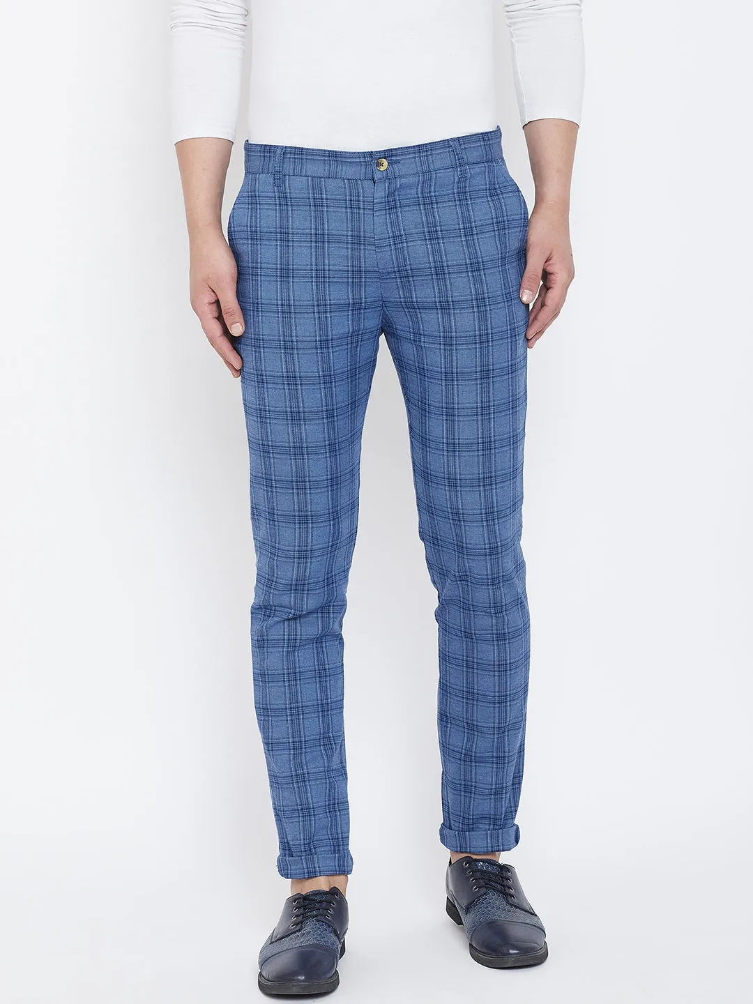 JUMP USA Men Blue Check Slim Fit Cotton Casual Trousers